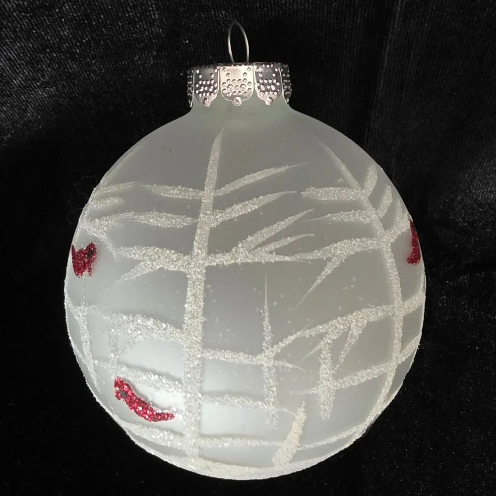 Rauch VTG Glass Christmas Ornament Frosted White Mica Red Cardinal Birch Tree 3